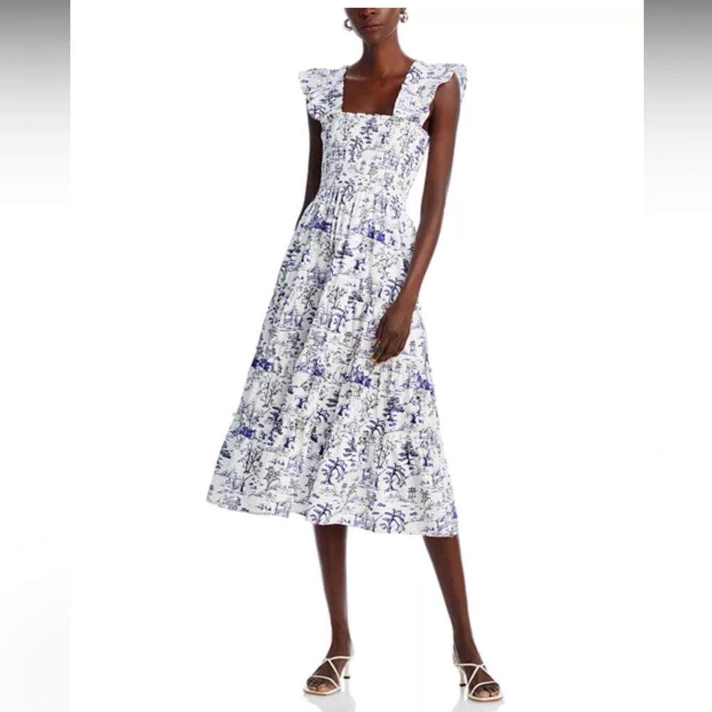 Aqua Toile Calypso Tiered Smocked Midi Dress Sz-L